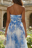White and Blue Floral A Line Sweetheart Long Prom Dress