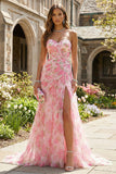 Pink Floral Sweetheart Sheath Long Prom Dress with Slit