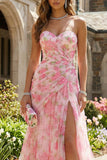 Pink Floral Sweetheart Sheath Long Prom Dress with Slit