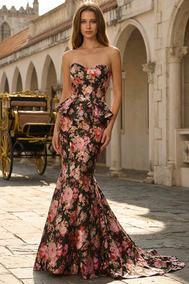 Black and Pink Floral Sweetheart Mermaid Long Prom Dress with Ruffles