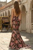 Black and Pink Floral Sweetheart Mermaid Long Prom Dress with Ruffles