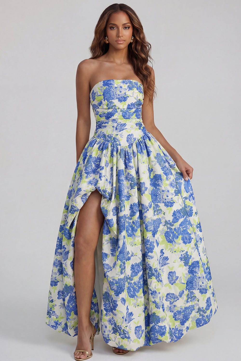 Floral Blue and White A Line Strapless Long Prom Dress with Slit