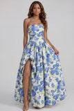 Floral Blue and White A Line Strapless Long Prom Dress with Slit