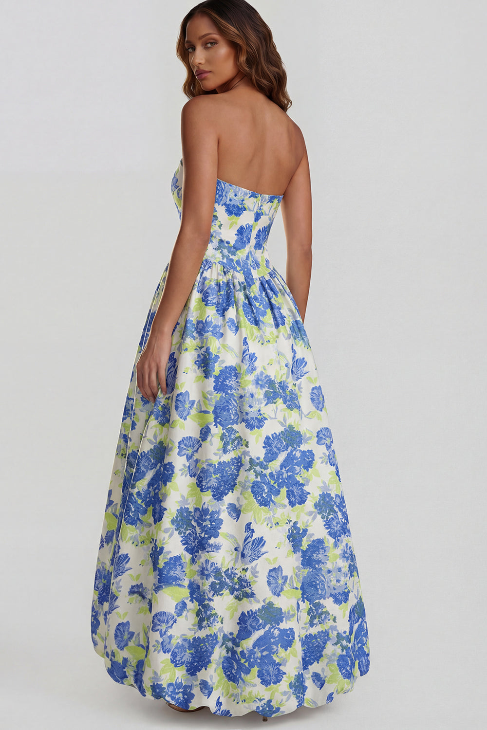 Floral Blue and White A Line Strapless Long Prom Dress with Slit