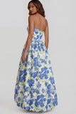 Floral Blue and White A Line Strapless Long Prom Dress with Slit