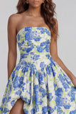 Floral Blue and White A Line Strapless Long Prom Dress with Slit