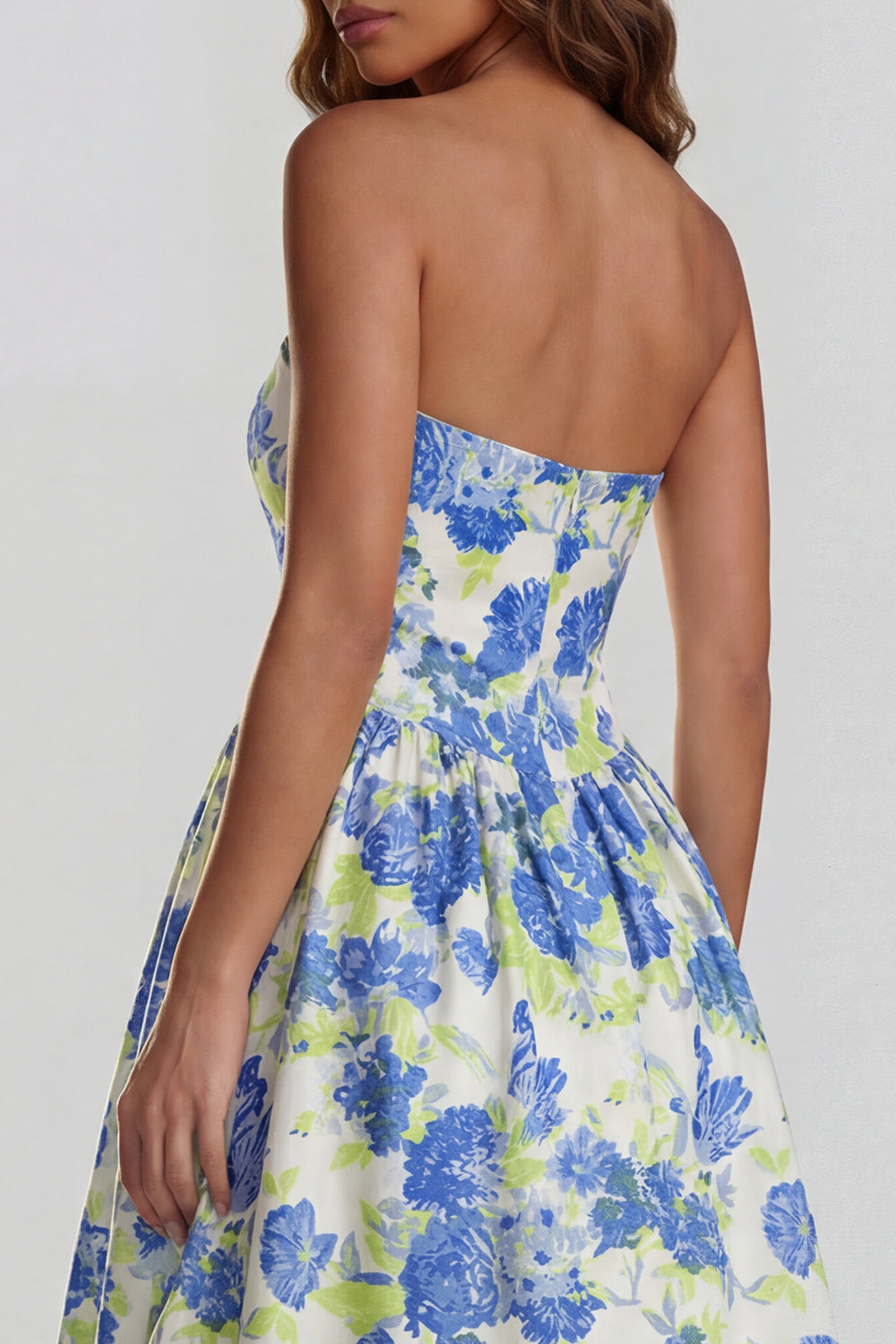 Floral Blue and White A Line Strapless Long Prom Dress with Slit