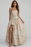 Floral Blue and White A Line Strapless Long Prom Dress with Slit