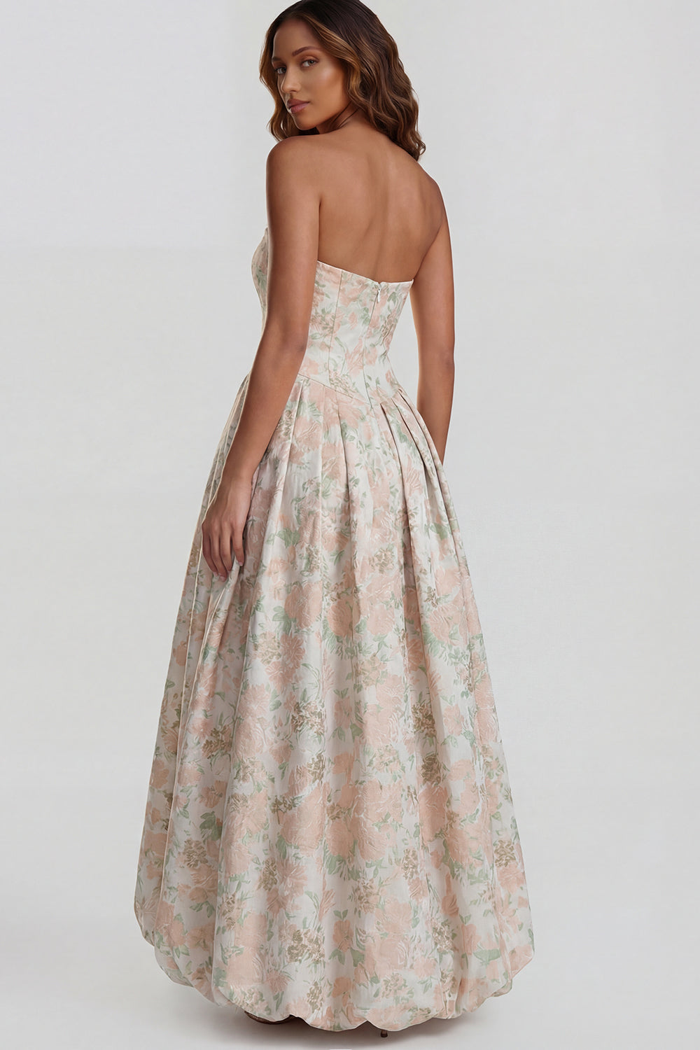Floral Blue and White A Line Strapless Long Prom Dress with Slit