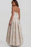 Floral Blue and White A Line Strapless Long Prom Dress with Slit