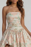 Floral Blue and White A Line Strapless Long Prom Dress with Slit