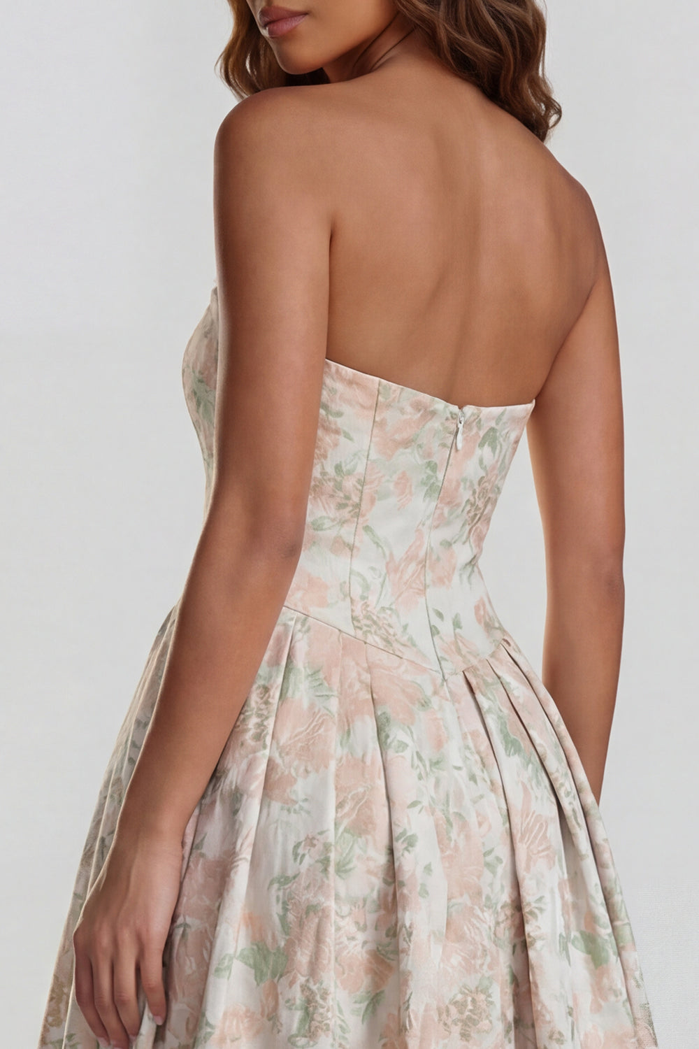 Floral Blue and White A Line Strapless Long Prom Dress with Slit