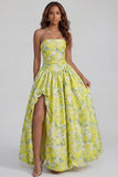 Floral Blue and White A Line Strapless Long Prom Dress with Slit
