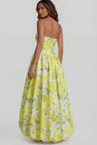 Floral Blue and White A Line Strapless Long Prom Dress with Slit