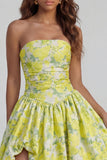 Floral Blue and White A Line Strapless Long Prom Dress with Slit
