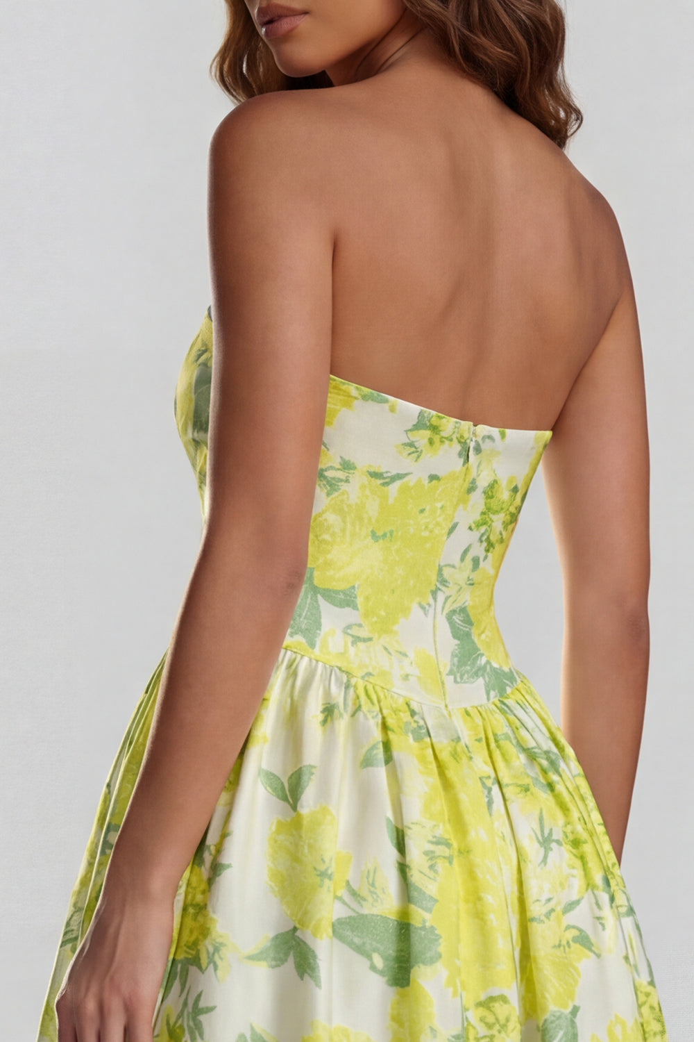 Floral Blue and White A Line Strapless Long Prom Dress with Slit