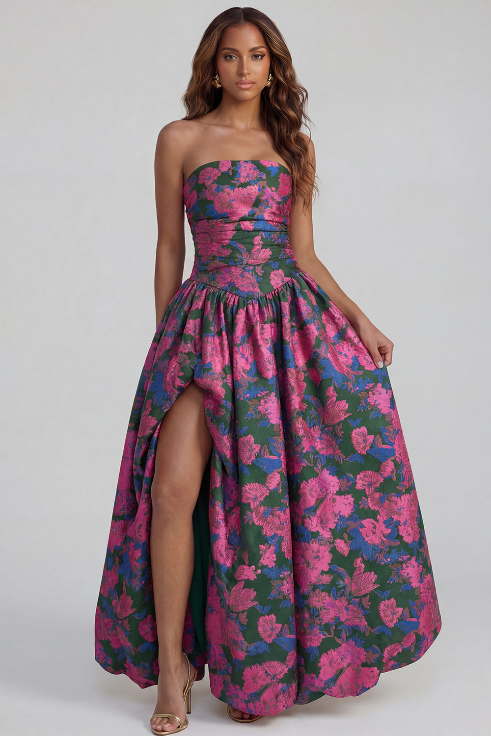 Floral Blue and White A Line Strapless Long Prom Dress with Slit