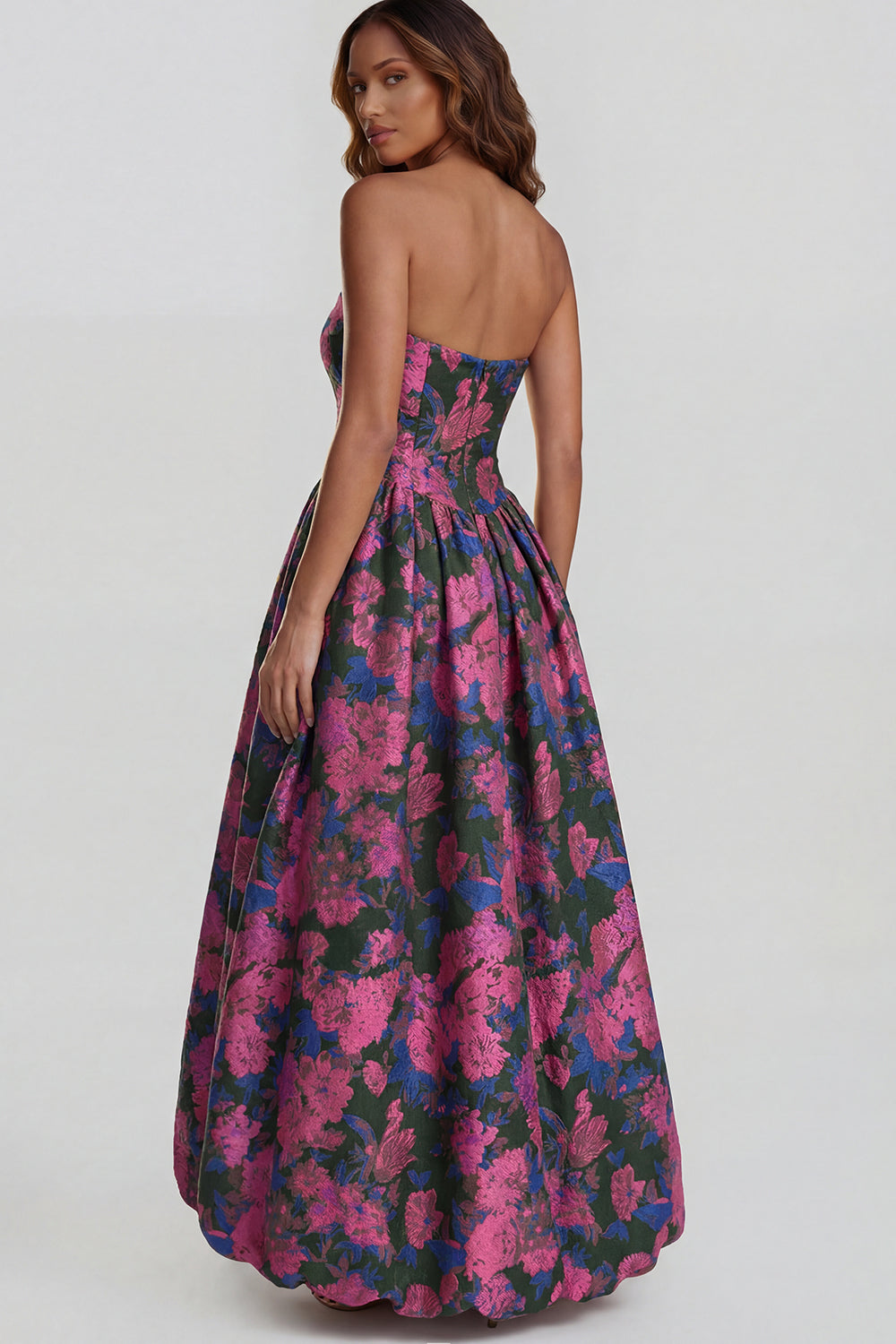 Floral Blue and White A Line Strapless Long Prom Dress with Slit
