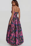 Floral Blue and White A Line Strapless Long Prom Dress with Slit