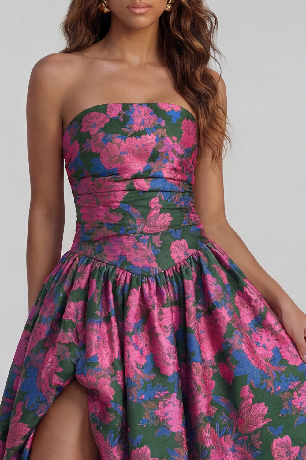 Floral Blue and White A Line Strapless Long Prom Dress with Slit