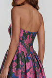 Floral Blue and White A Line Strapless Long Prom Dress with Slit