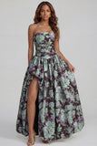 Floral Blue and White A Line Strapless Long Prom Dress with Slit