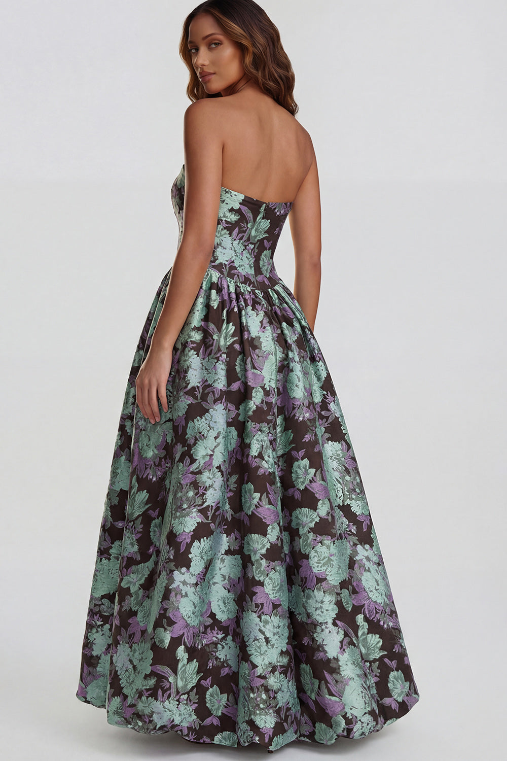 Floral Blue and White A Line Strapless Long Prom Dress with Slit