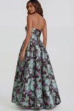 Floral Blue and White A Line Strapless Long Prom Dress with Slit
