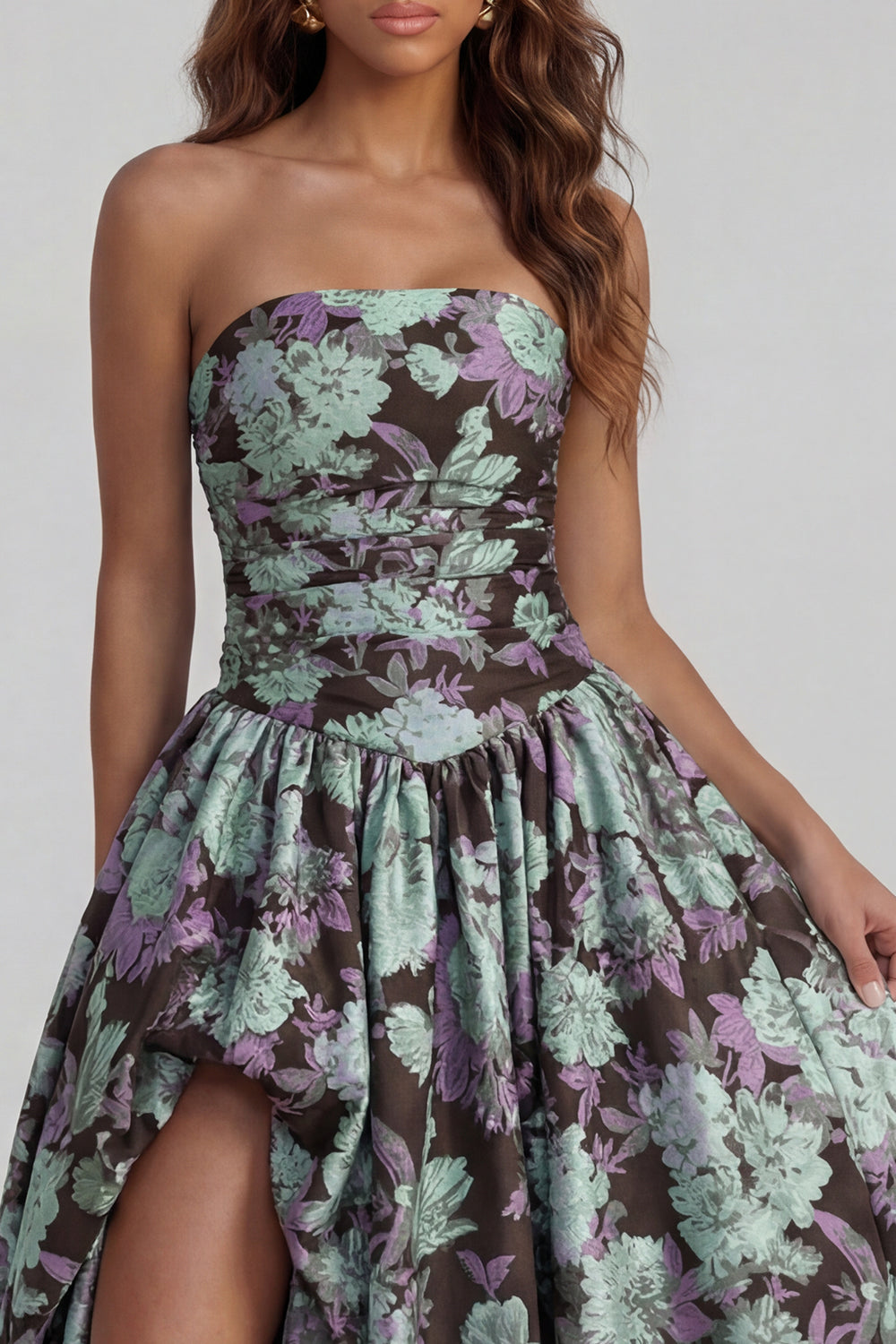 Floral Blue and White A Line Strapless Long Prom Dress with Slit