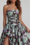 Floral Blue and White A Line Strapless Long Prom Dress with Slit