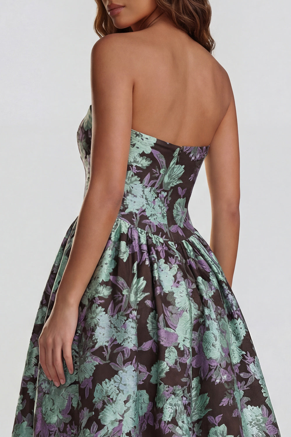 Floral Blue and White A Line Strapless Long Prom Dress with Slit