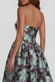 Floral Blue and White A Line Strapless Long Prom Dress with Slit