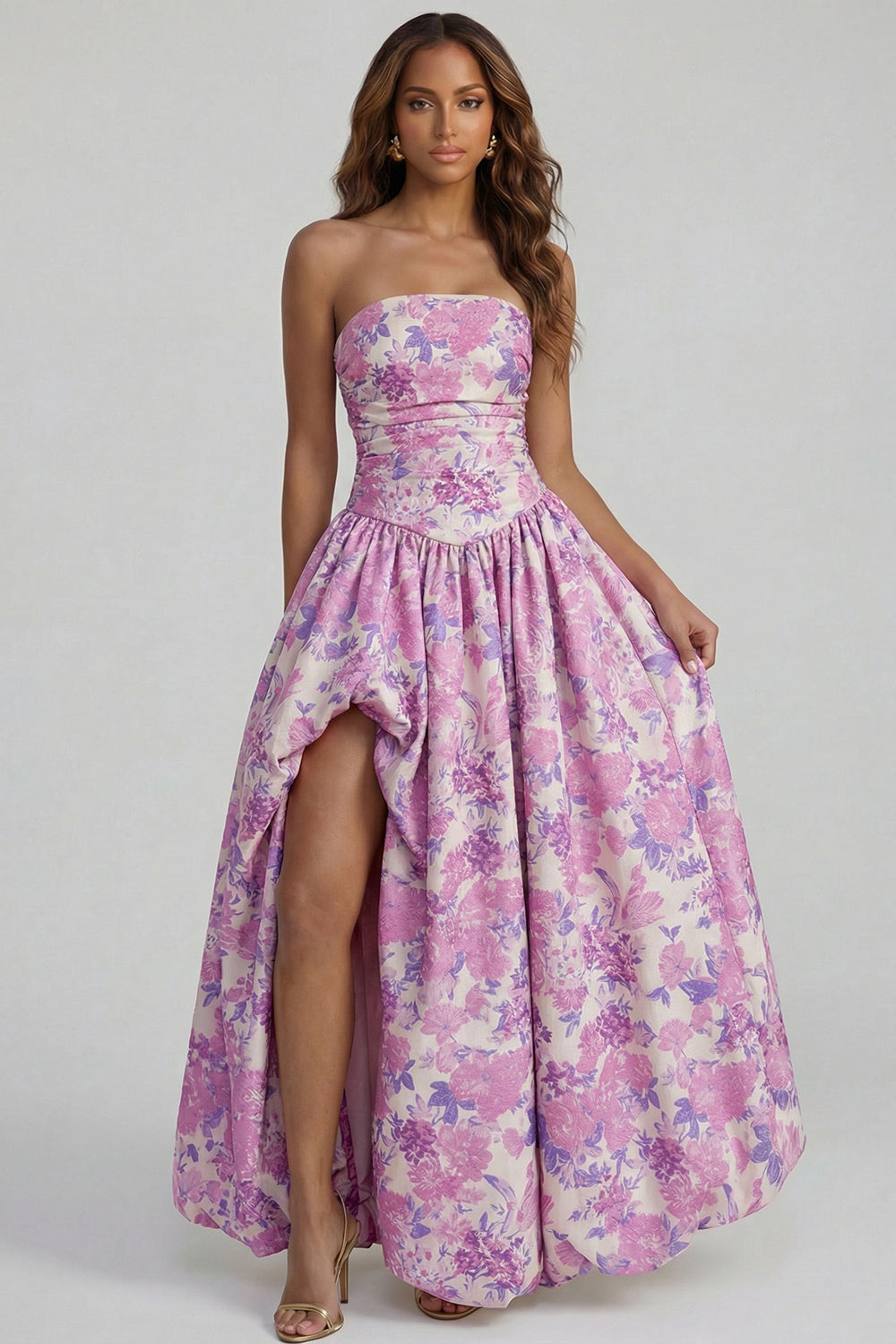 Floral Blue and White A Line Strapless Long Prom Dress with Slit