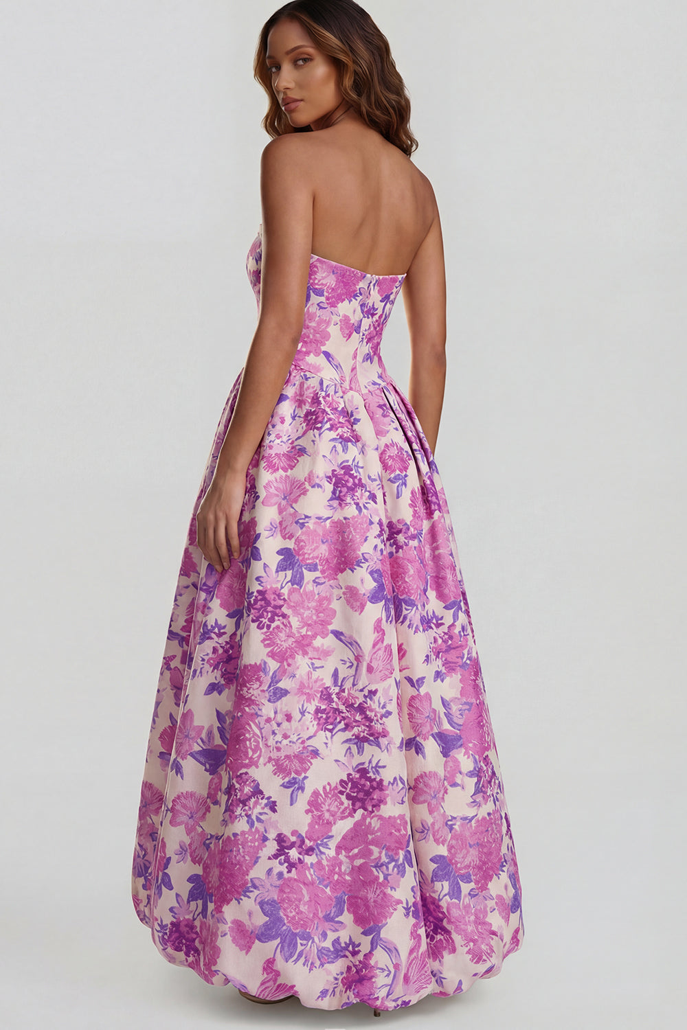 Floral Blue and White A Line Strapless Long Prom Dress with Slit