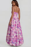 Floral Blue and White A Line Strapless Long Prom Dress with Slit