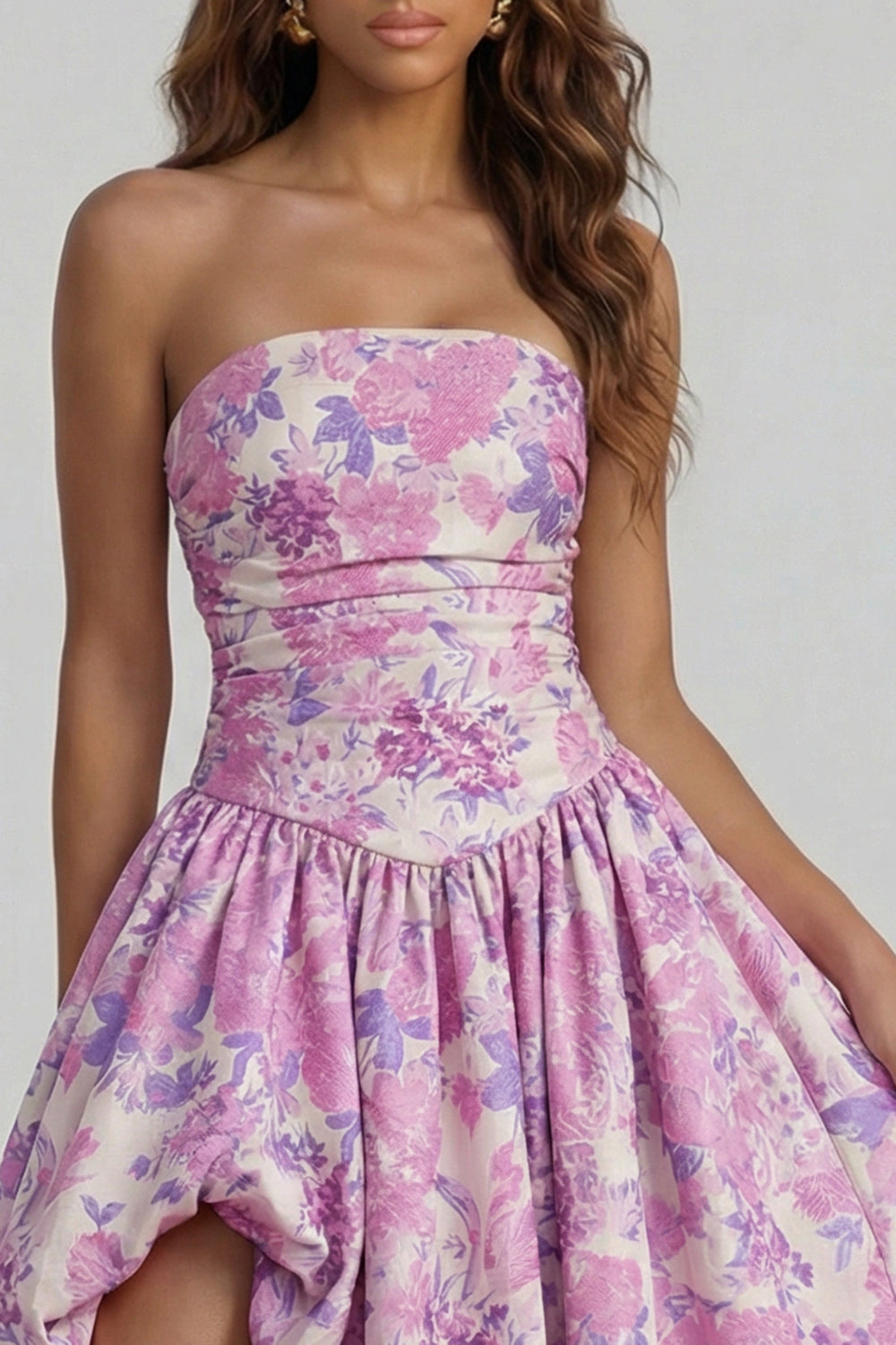 Floral Blue and White A Line Strapless Long Prom Dress with Slit
