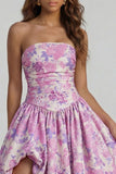 Floral Blue and White A Line Strapless Long Prom Dress with Slit