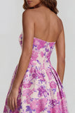 Floral Blue and White A Line Strapless Long Prom Dress with Slit