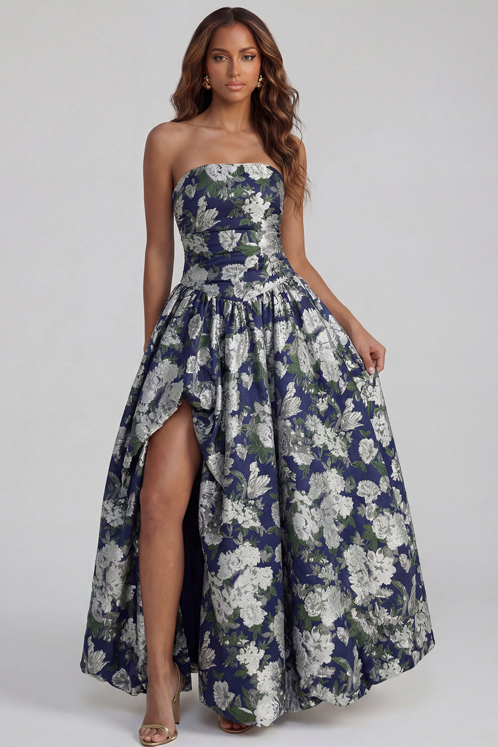 Floral Blue and White A Line Strapless Long Prom Dress with Slit