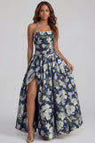 Floral Blue and White A Line Strapless Long Prom Dress with Slit
