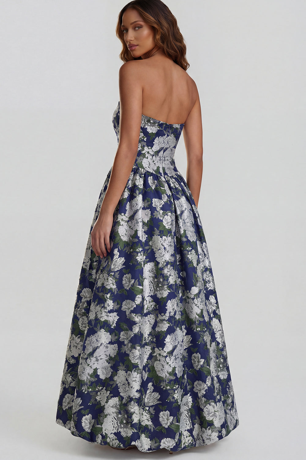 Floral Blue and White A Line Strapless Long Prom Dress with Slit