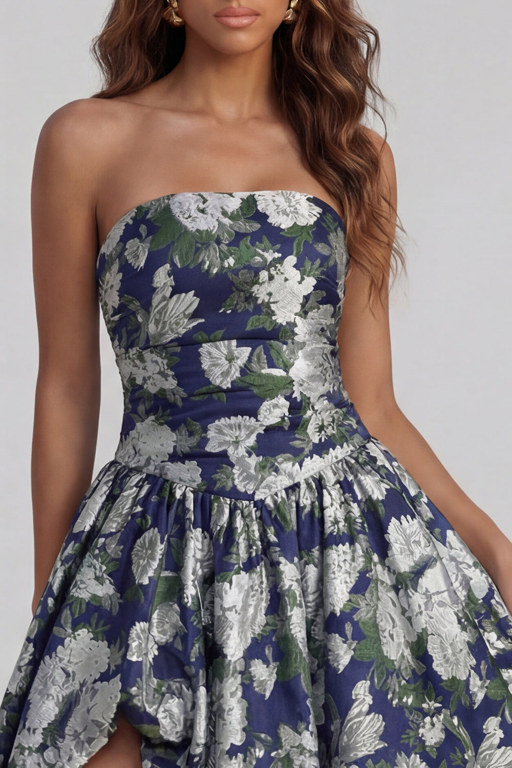 Floral Blue and White A Line Strapless Long Prom Dress with Slit