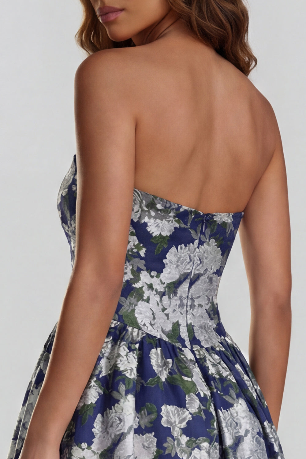Floral Blue and White A Line Strapless Long Prom Dress with Slit