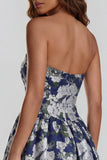 Floral Blue and White A Line Strapless Long Prom Dress with Slit