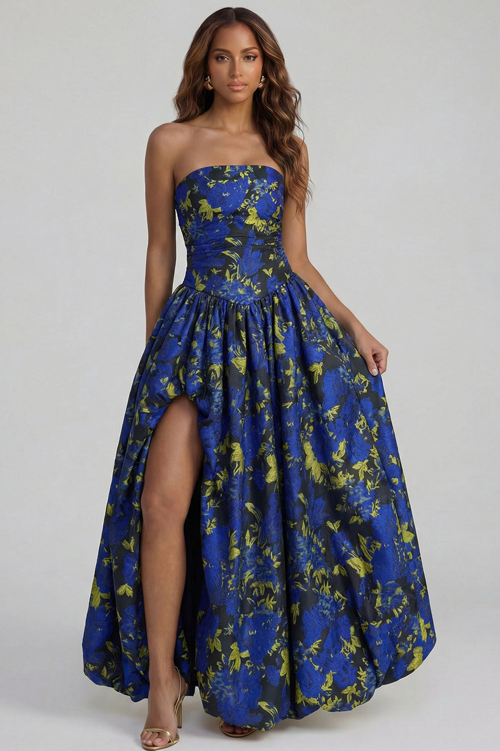 Floral Blue and White A Line Strapless Long Prom Dress with Slit