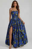 Floral Blue and White A Line Strapless Long Prom Dress with Slit