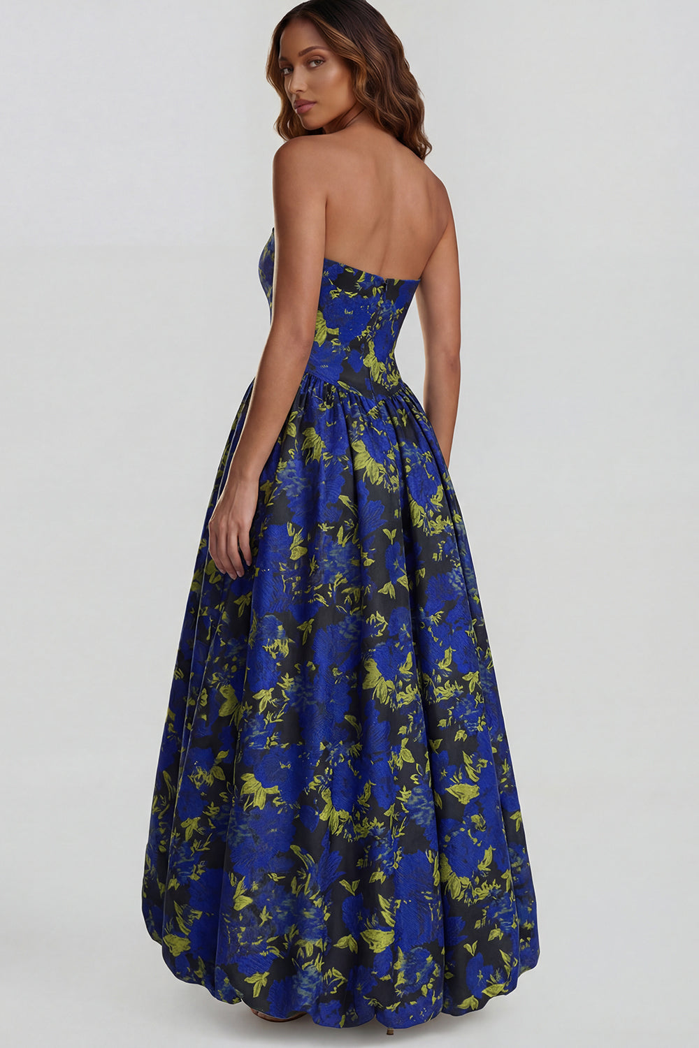 Floral Blue and White A Line Strapless Long Prom Dress with Slit
