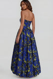 Floral Blue and White A Line Strapless Long Prom Dress with Slit