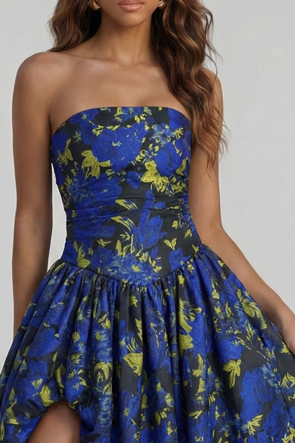 Floral Blue and White A Line Strapless Long Prom Dress with Slit
