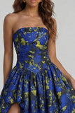 Floral Blue and White A Line Strapless Long Prom Dress with Slit